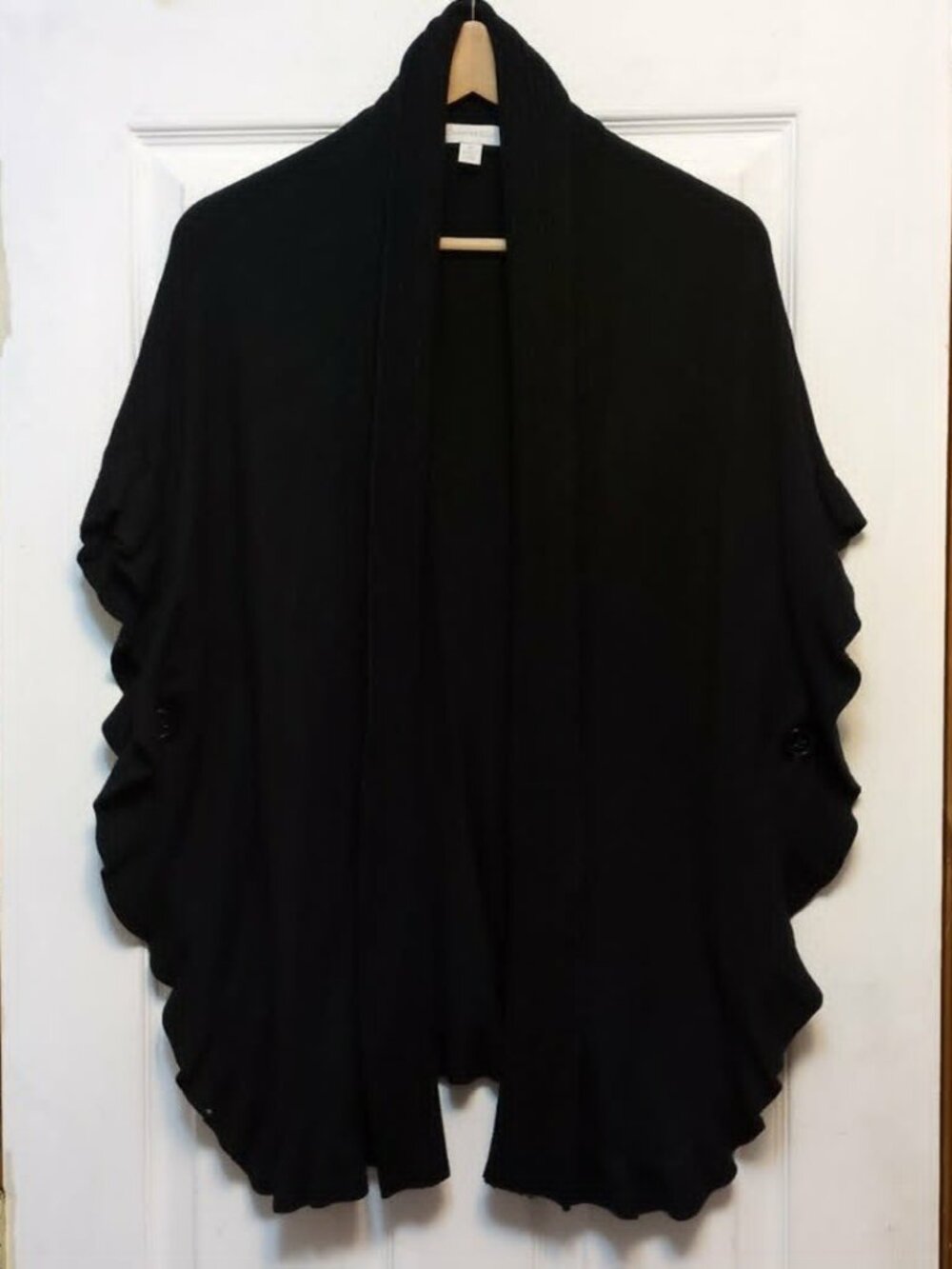 Charter Club Sz M Black Ruffled Cape Cardigan Short Sleeve Side Buttons Batwing